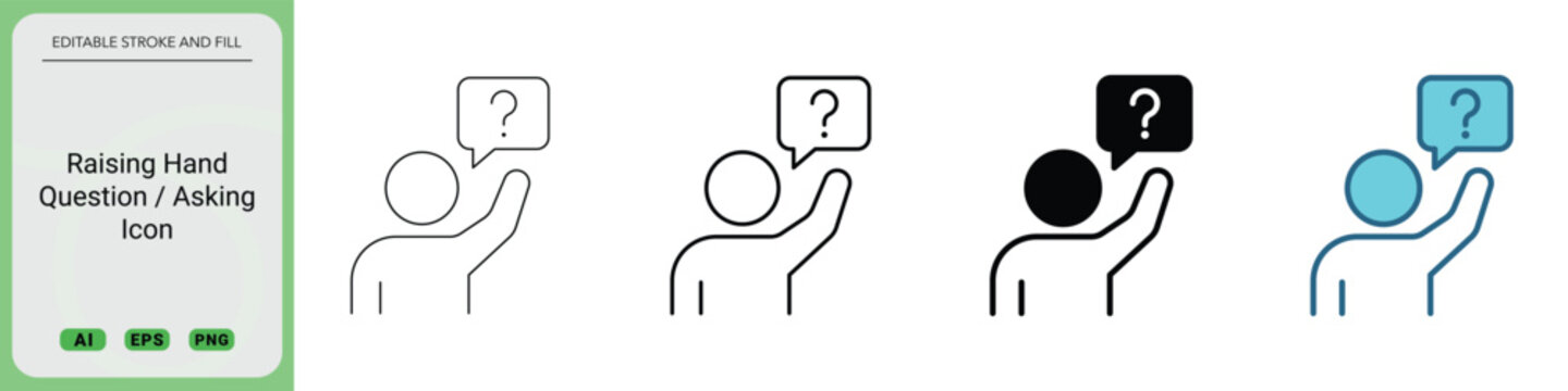 Person raising hand with question mark speech bubble icon set, ask question, student participation, query and support symbol