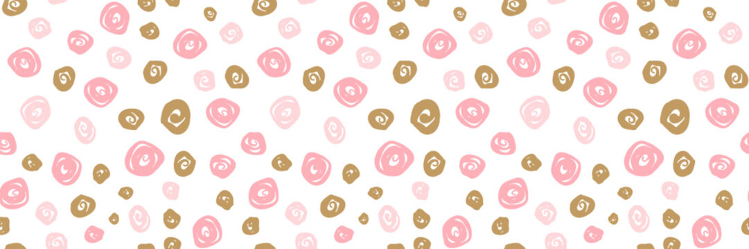 Seamless pattern of delicate pink and brown swirl polka dots on white background. Tender romantic fashion and cute nursery decoration.