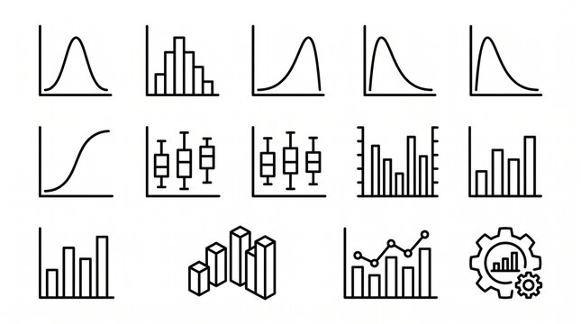 A collection of minimalist black outline vector icons representing various charts, graphs, and statistical data visualizations, arranged in a grid on a clean white background. The set features line-ar