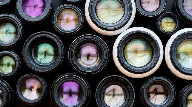 A high angle shot of multiple camera lenses in various sizes arranged on a dark surface, showcasing optical glass and diverse focal lengths