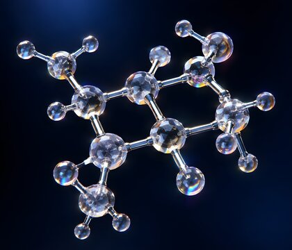 Molecular structure model crafted from quartz crystal spheres and reflective platinum metal connecting rods