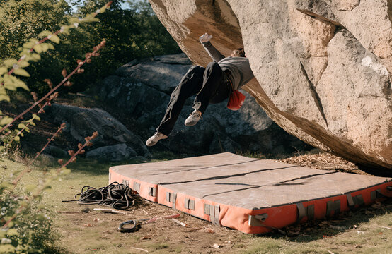 Bouldering crash pad unfolded beneath a climber beside a granite boulder