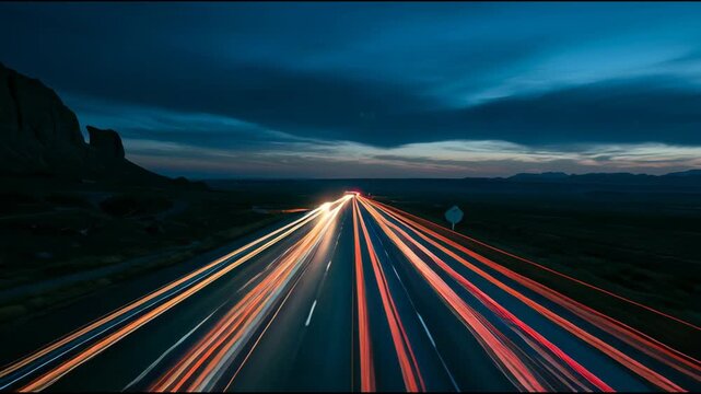 Traffic light trails extend along a highway through a mountain landscape at dusk, beneath a blue sky after sunset.