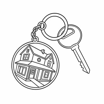 New home purchase round keyring with house logo charm and metal key line art design