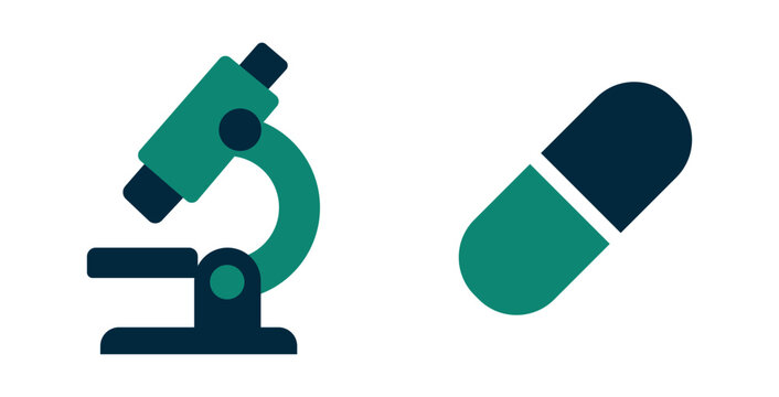 Microscope and pill icons representing medical research and pharmaceutical science