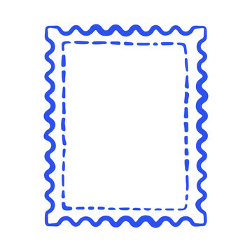 Stamp zigzag postage and edge border frame with blue square perforated. Vector isolated postal and letter mail post with scalloped shape element.