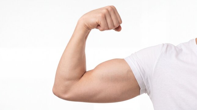 Strong Bicep Flex Close-up of a muscular male arm flexing bicep against a clean white background ideal for fitness marketing and health supplements.