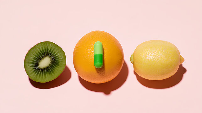 Fresh kiwi, orange, and lemon fruits with a green vitamin capsule on a pink background representing health, nutrition, and immunity support