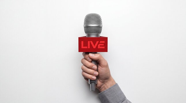 Professional News Broadcasting hand holding a silver microphone with a red LIVE flag against a white background ideal for journalism articles and media press releases.