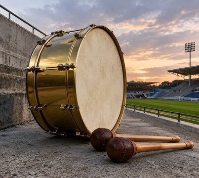 Massive supporter brass marching drum resting upright on a concrete terrace with two leather wrapped wooden mallets