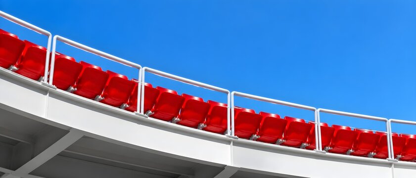 Red bucket seats on the upper deck of a baseball arena against azure sky