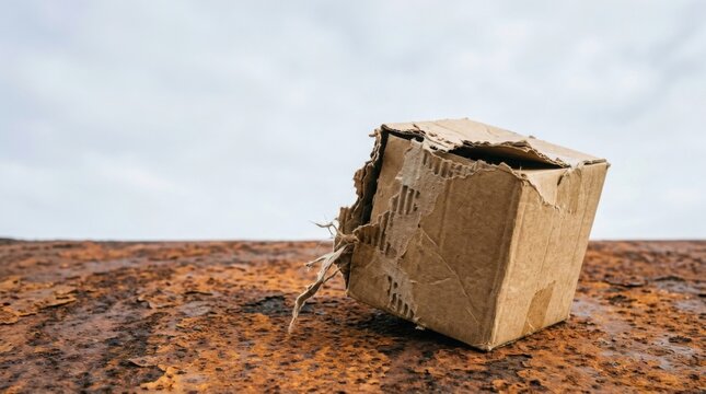 Damaged cardboard box sitting on a weathered rusty metal surface
