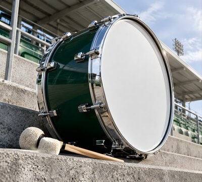 Massive marching bass drum with polished chrome rims and white synthetic drumhead accompanied by two felt tipped mallets