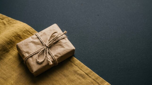 Small gift box wrapped in brown paper with twine string on a yellow