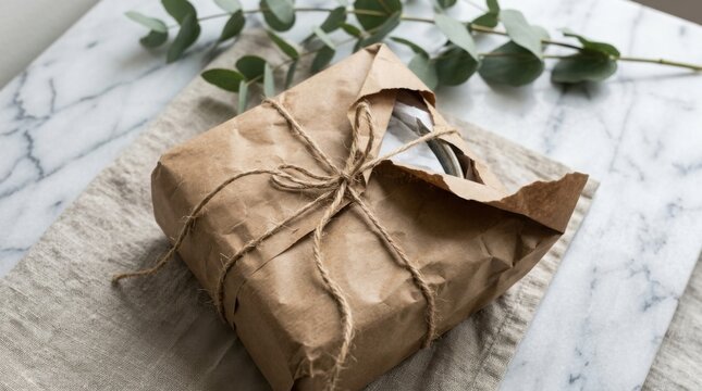 Brown paper parcel wrapped with twine on a marble surface for