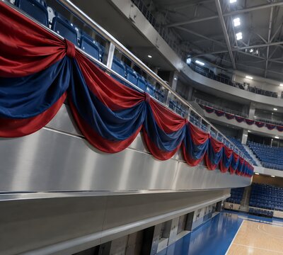 Festooned fabric bunting garlands gathered along an upper spectator balcony rail in an indoor arena