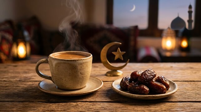Steaming cup of coffee with dates on wooden table at dusk.