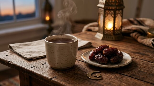 Cup of tea with dates served on wooden table near window.