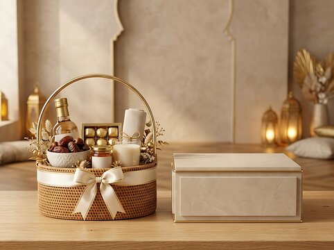 Ramadan gift basket filled with dates chocolates and candles for celebration.