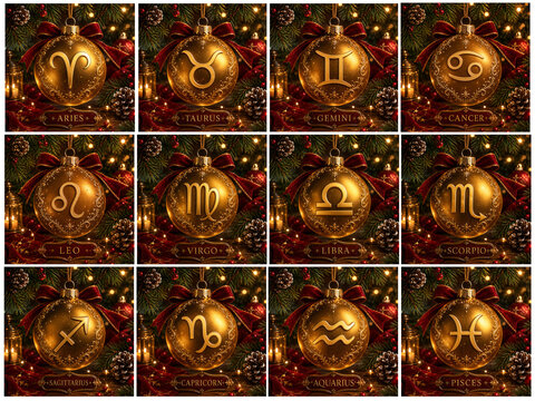 Elegant golden zodiac signs thumbs on Christmas ornaments surrounded by festive decorations. Luxury astrology collection  all twelve horoscope signs.
