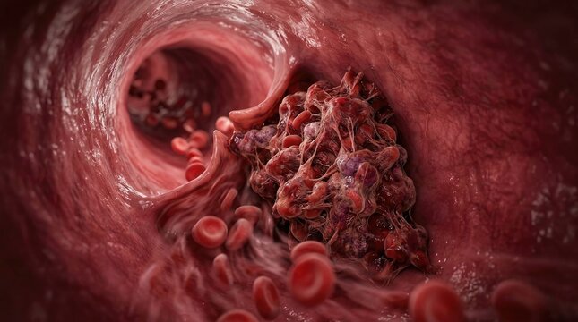 Vessel lumen obstruction: thrombosis cause, blood clot, vascular disease, artery blockage, health hazard, internal problem, human anatomy, red cell, flow impede.