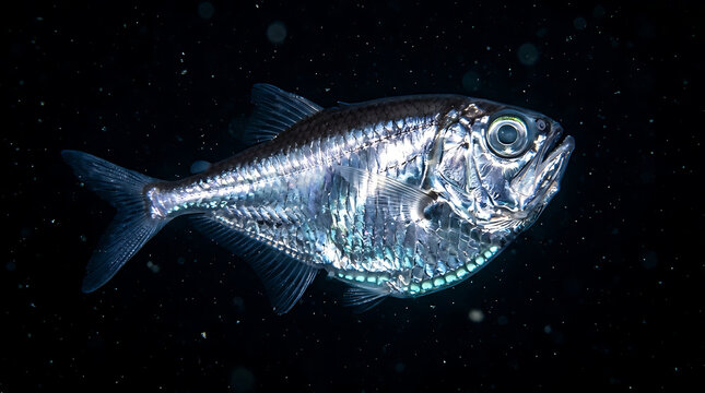 Rare deep-sea hatchetfish swimming in dark ocean depths