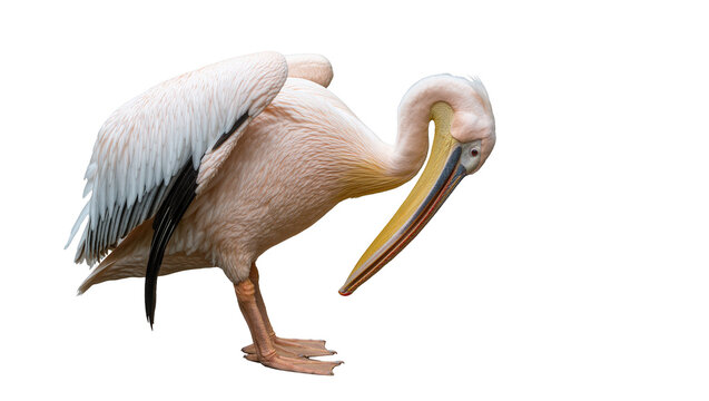 Great white pelican standing with long yellow beak and pinkish white plumage
