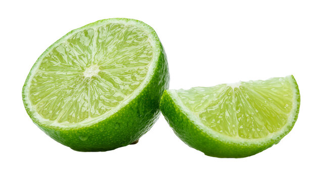 Fresh green lime half and a juicy citrus wedge slice
