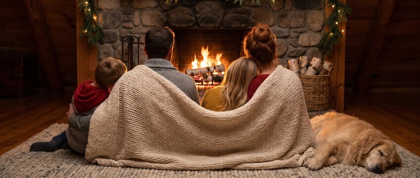 Peaceful family sitting beneath shared blanket beside fireplace with sleeping dog. Cozy accommodation, family wellbeing concept.