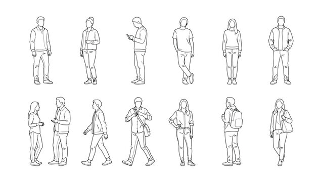 Human scale figures for architecture and site planning showing standing and walking human figures in varied poses, supporting CAD drafting, scale reference and visualization