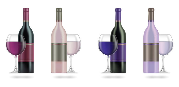 Set of wine bottles and glasses with different colors transparent background