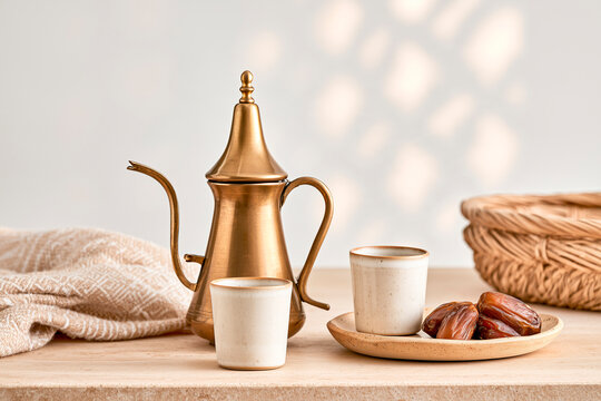 Traditional Arabic Coffee Dallah with Dates and Finjan Cups