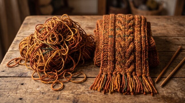 Close-up of a beautifully hand-knitted cable scarf and a pile of rich orange yarn on a rustic wooden table, highlighting traditional craftsmanship and cozy warmth