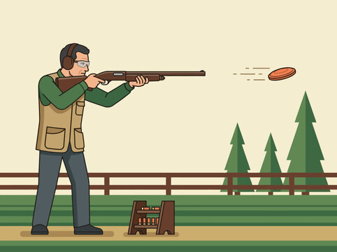 Man Shooting Shotgun at Clay Pigeon Target - Trap and Skeet Shooting Sport Illustration