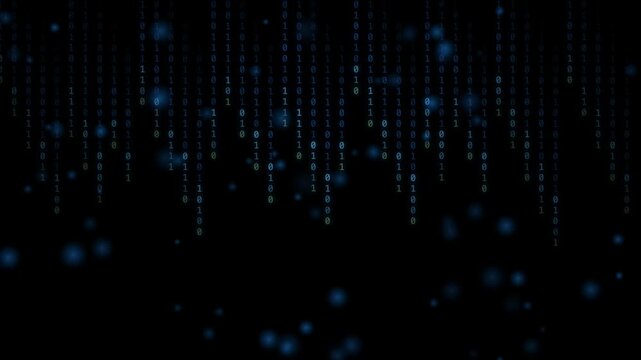 Matrix digital binary code falling streams with glowing ambient bokeh particles loop representing cyber security data stream technology background