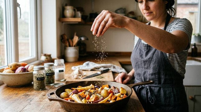 Woman seasoning roasted vegetables in a cast iron skillet, home kitchen.