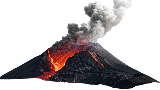 Active volcano erupting with glowing red lava flows and thick dark ash clouds