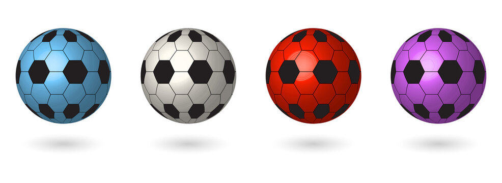 Set of four colorful soccer balls with hexagonal patterns transparent background