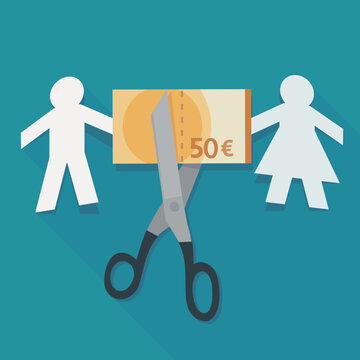 Flat design illustration of scissors cutting a 50 euro banknote between paper cutout couple, symbolizing marital property division, divorce settlement, and money breakup
