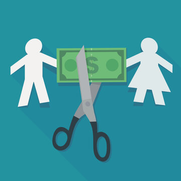 Flat design illustration of scissors cutting a dollar banknote between paper cutout couple, symbolizing marital property division, divorce settlement, alimony, and breakup