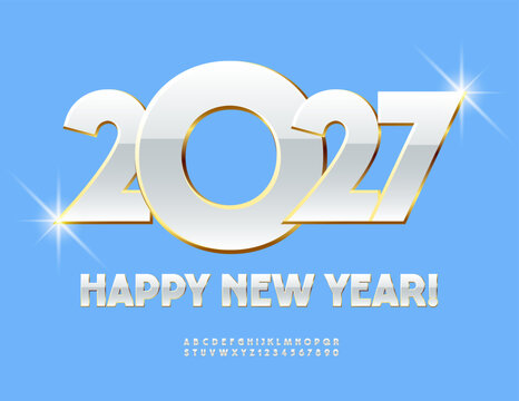 Vector Artistic Greeting Card Happy New Year 2027! Lavish White and Golden Font. Stylish set of Upscale Alphabet Letters and Numbers. 