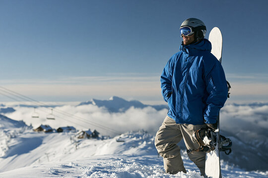 A man in a blue jacket and helmet stands on a snowy mountain summit gazing at the distant cloud filled horizon while holding his snowboard during a bright winter day at a ski resort