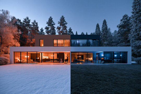 A split screen architectural visualization shows a modern luxury house bridging two seasons with a snowy winter landscape on the left and a lush green summer lawn on the right at dusk