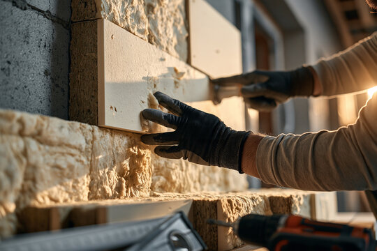 A close up shot of a construction worker wearing gloves carefully installing rigid insulation panels onto a concrete wall during a golden hour sunset with tools visible in the foreground