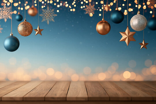 A festive holiday background featuring rustic wooden planks in the foreground and elegant hanging Christmas ornaments snowflakes and warm glowing fairy lights against a soft blue backdrop