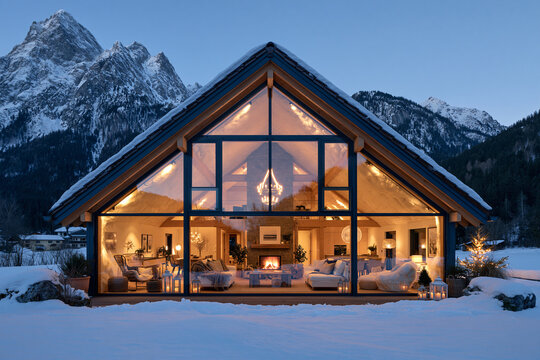 A stunning modern A frame chalet glows warmly against a backdrop of snow dusted mountains at twilight featuring an expansive floor to ceiling glass wall revealing a cozy luxurious interior
