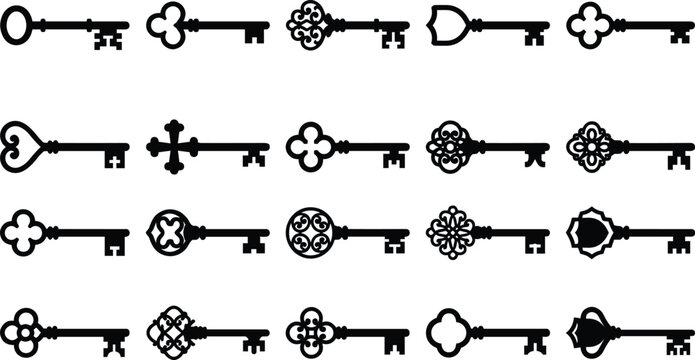 Vintage antique keys black silhouettes set featuring twenty decorative old skeleton key shapes with ornamental bows isolated on a white background
