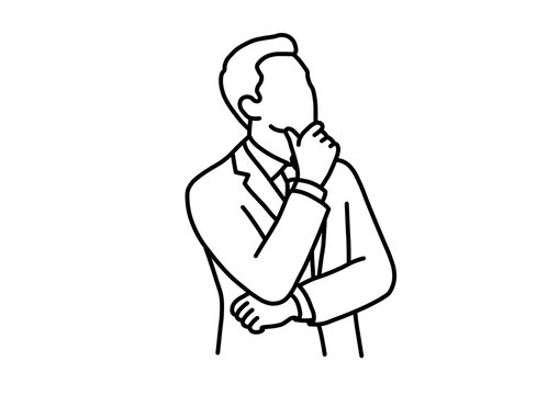 Thoughtful Businessman in Thinking Pose Outline Illustration