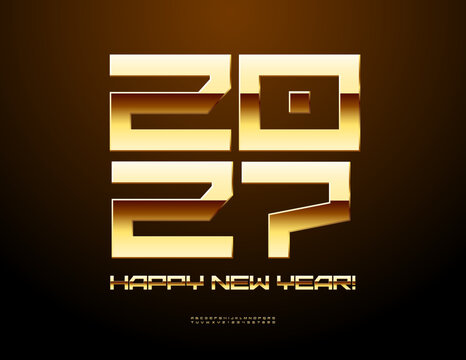 Vector Unique Greeting Card Happy New Year 2027! Trendy Golden Font. Digital Tech set of Cool Metallic Alphabet Letters and Numbers.