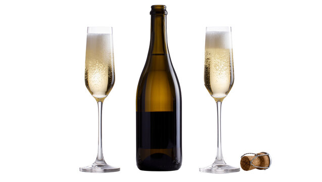 Dark glass champagne bottle with two filled flutes and a cork stopper